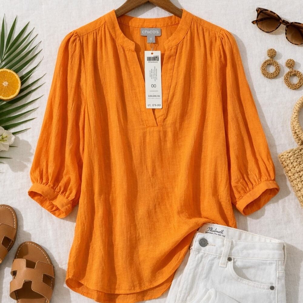 Chico’s Orange Crinkle Textured V Neck 3/4 Puff Sleeve Blouse Lightweight